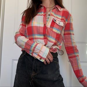 red abercrombie flannel with floral pattern